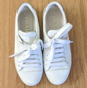 Prada White & Silver Leather Sneakers 37